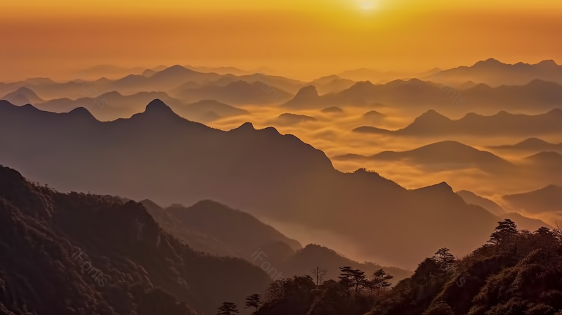 黄色迷雾蒙蒙晨光下的山脉自然风景背景,高清,摄影图,摄影图片,图片大全,摄影图免费下载